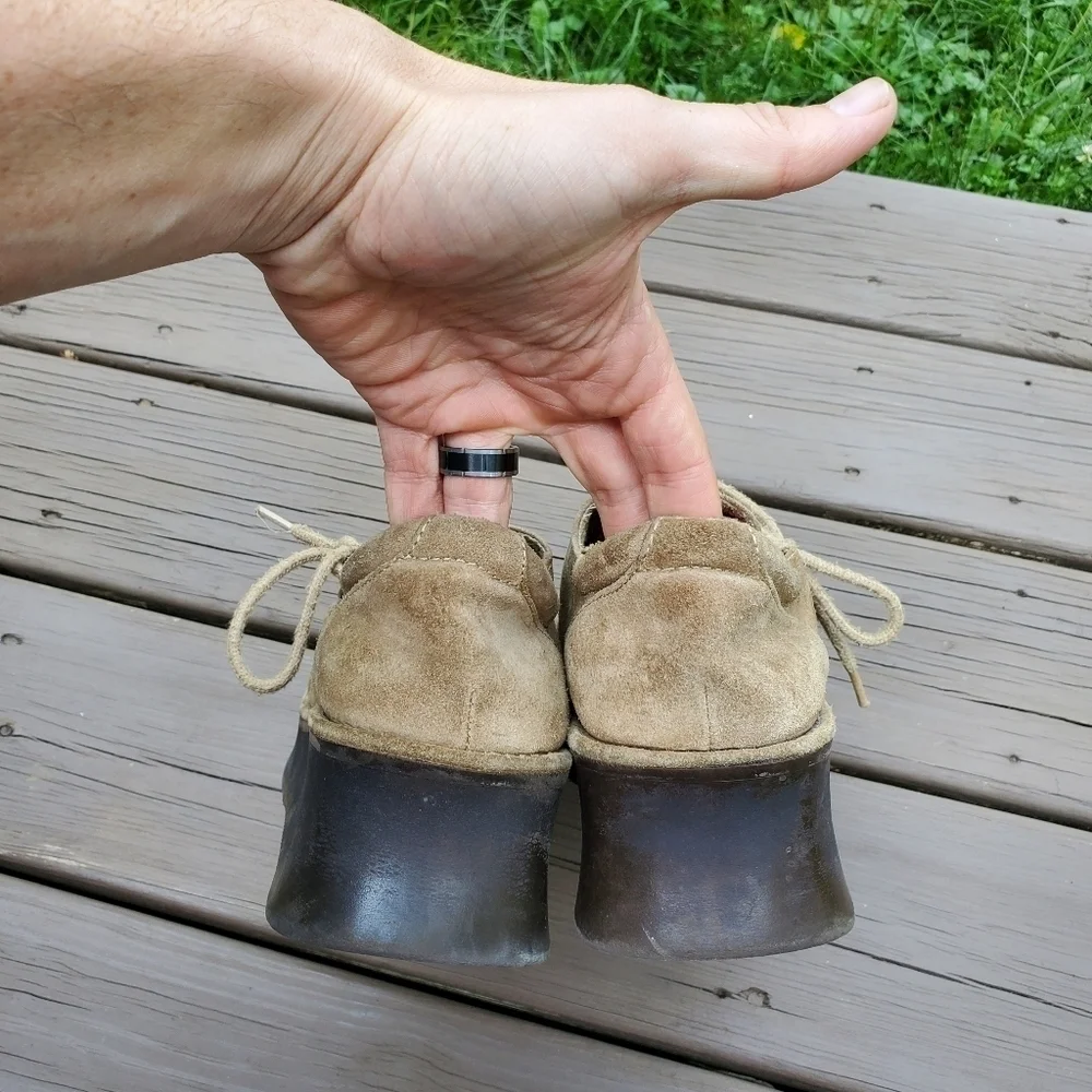 Vintage 90s y2k Bratz Camel Tan Suede Leather Corset‎ Platform Wedge Loafers 10